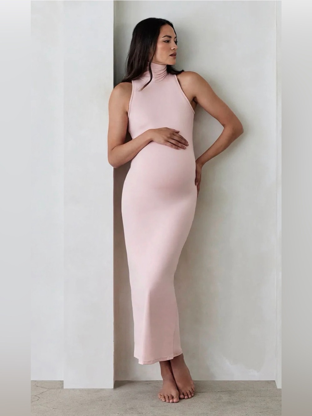 Serena Maternity Dress by Bumpsuit - Sleeveless Turtleneck Maxi Dress Blush Pink